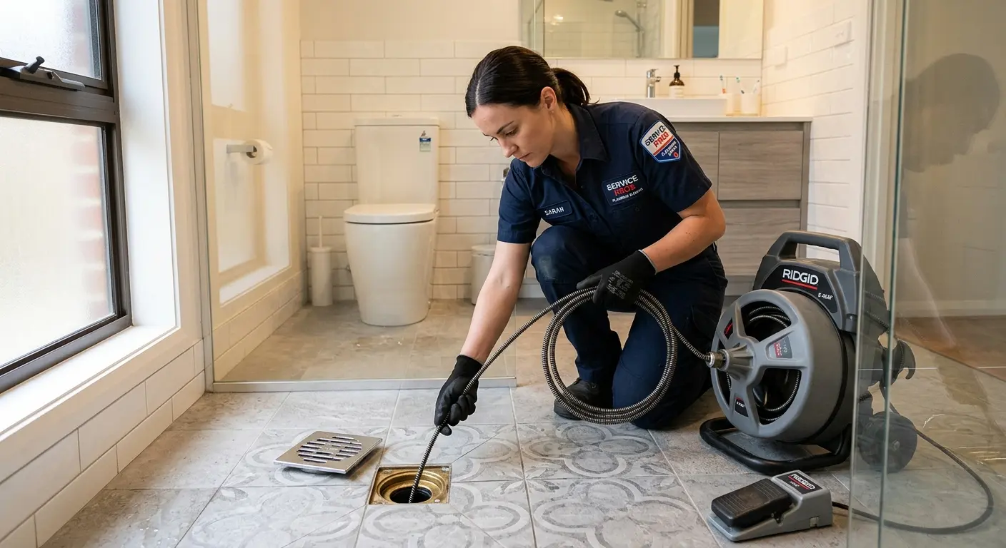 Technician clearing a bathroom floor drain for Drain Repair in Washington